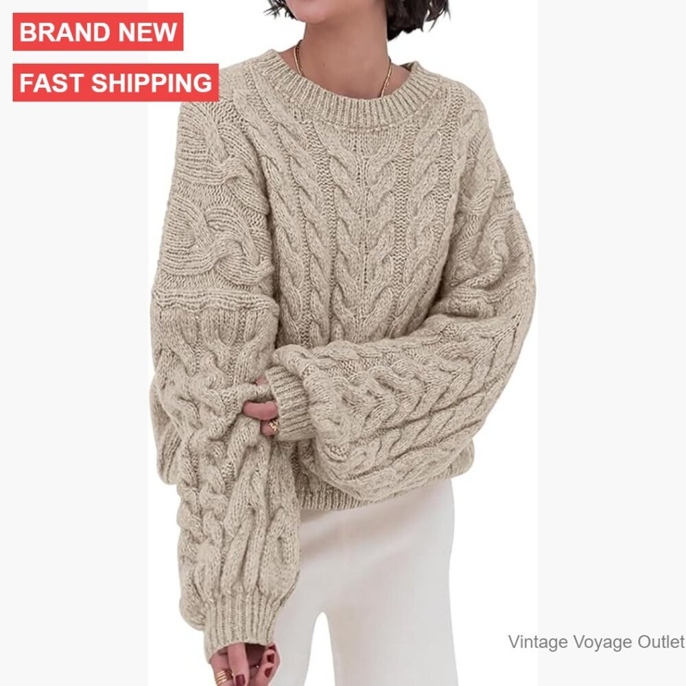 Oversized Cable Knit Pullover Sweater Chunky Knit Loose Fit Crewneck